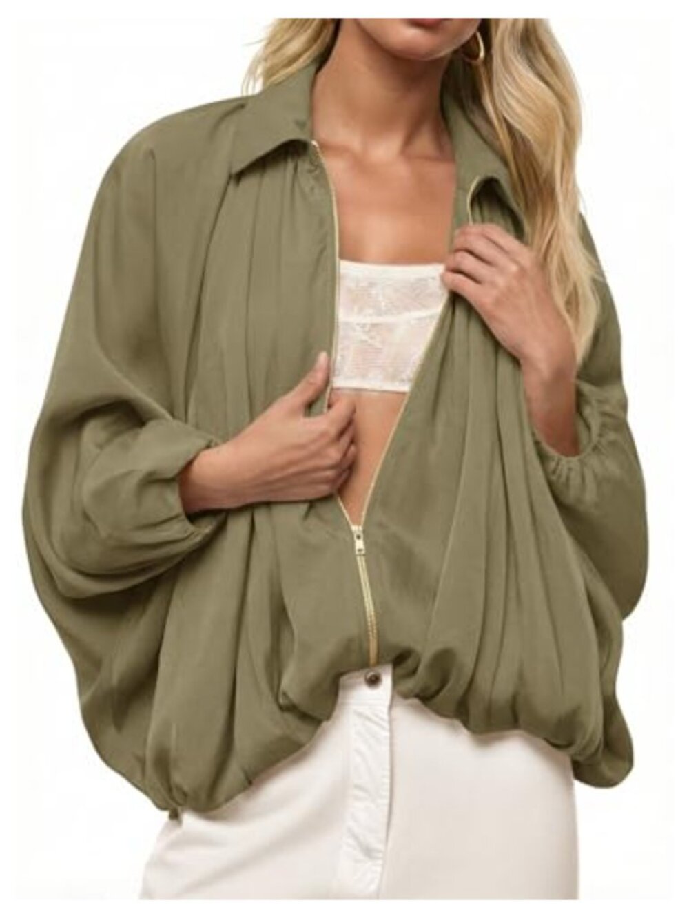 Oversized Batwing Bomber Jacket Lightweight Zip Up Pleated Casual